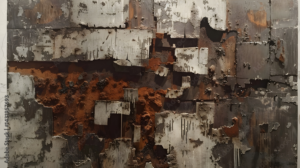 Abstract wall art featuring rusted metal squares with peeling paint and dripping textures design element Abstract wall art featuring rusted metal squares with peeling paint and dripping textures design element