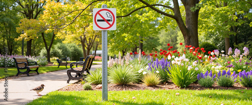 No smoking sign in vibrant park garden, promoting fresh air awareness