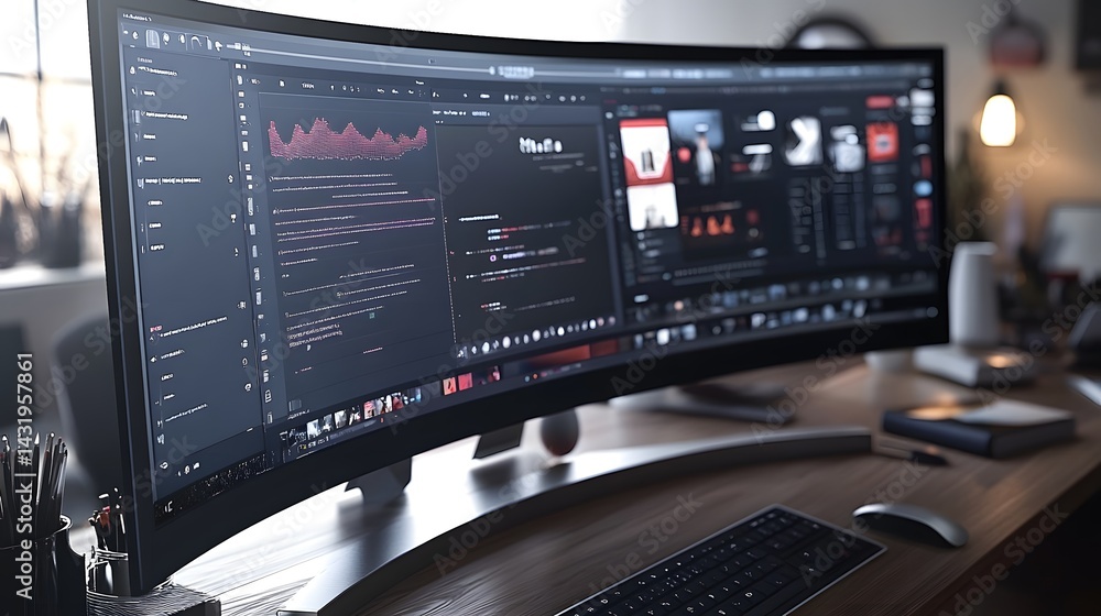 A modern workspace featuring a curved ultrawide monitor displaying data analytics and code. A modern workspace featuring a curved ultrawide monitor displaying data analytics and code.
