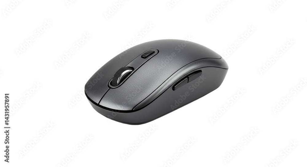 A close up shot of a gray computer mouse positioned on a black background with a sleek design and buttons A close up shot of a gray computer mouse positioned on a black background with a sleek design and buttons