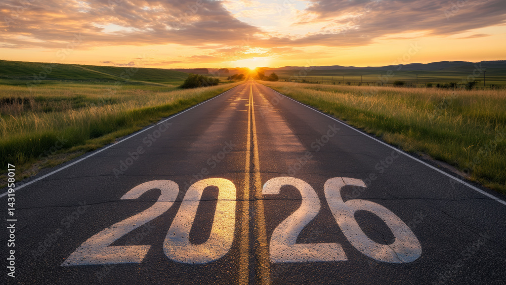 custom made wallpaper toronto digitalOpen road with "2026" painted on asphalt, leading to the horizon at sunset. Perfect for New Year's Eve, goal-setting, and future vision.