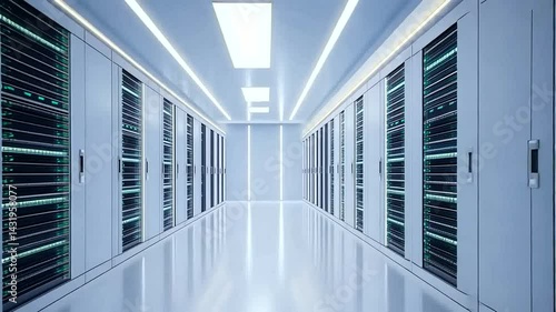 Modern server room with clean lines and futuristic lighting