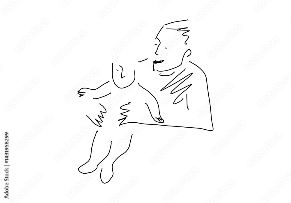 Fototapeta premium Minimalist one-line drawing of a father lifting his child joyfully. 