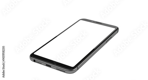 A mobile phone with a blank white screen is lying flat on a black surface in a slightly angled view