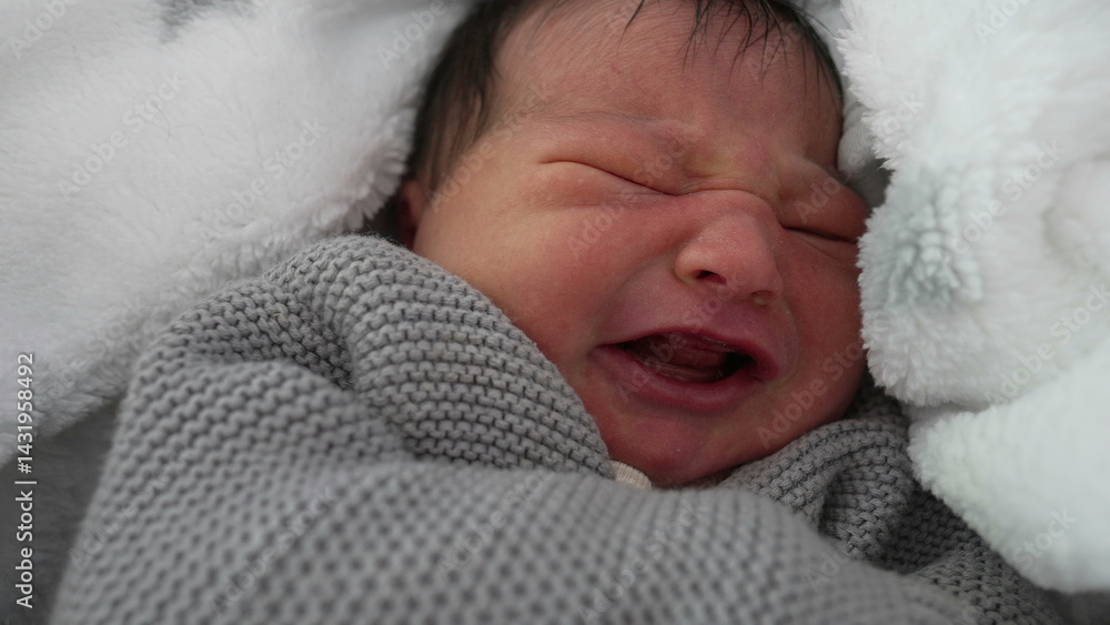 Obraz premium Newborn baby bundled in a cozy blanket with a slight frown, showing signs of discomfort, capturing a moment of early life emotions, wrapped warmly and nestled securely-SD 480p