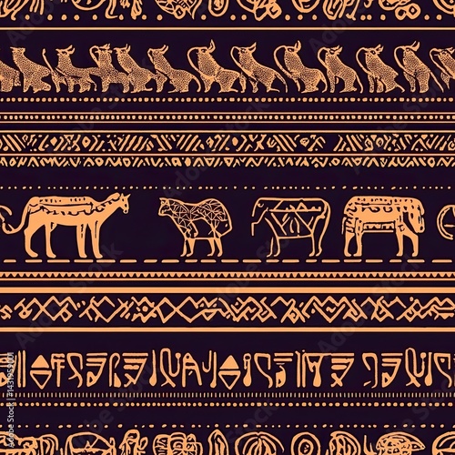 Ancient Tribal African Art Seamless Pattern:  Geometric Animal Designs and Symbolic Script