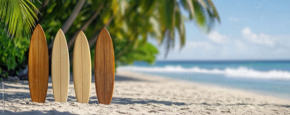 Surfboards on sandy beach tropical setting ocean view summer vacation leisure outdoor activity