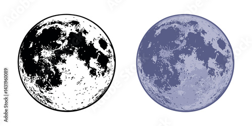 Full moon illustration in black and blue versions. Hand-drawn lunar design isolated on white background