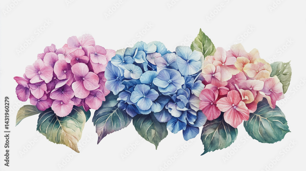 Fototapeta premium Elegant wedding invitation card background . Minimal hand painted watercolor Hydrangea flowers texture template background. Design for wedding, vip cover, poster, rsvp moderncard.Valentine's Day