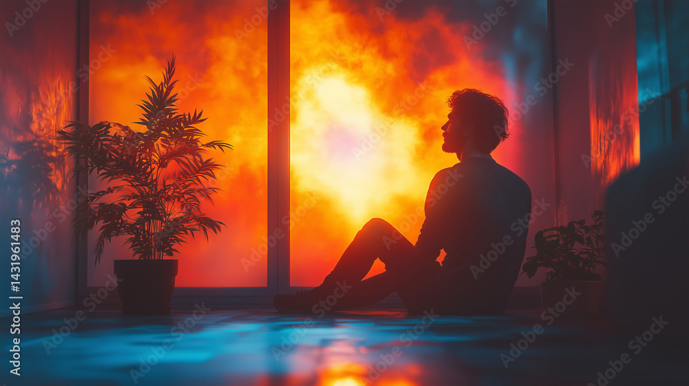 Young man sitting on floor near window with dramatic orange sunset light and houseplants. Young man sitting on floor near window with dramatic orange sunset light and houseplants.