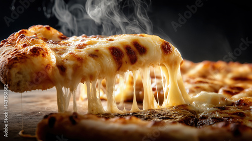 Hot steaming slice of cheese pizza being lifted with spatula