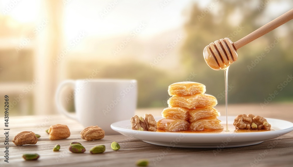Sweet pastries stack with honey drizzle accompanied by nuts and a mug