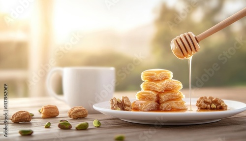 Obraz na płótnie Sweet pastries stack with honey drizzle accompanied by nuts and a mug w salonie