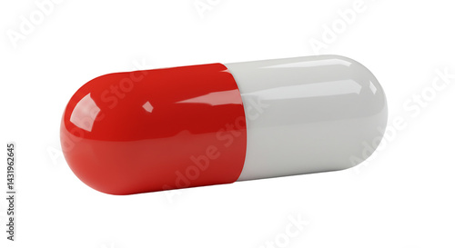 A close up of a red and white capsule pill on a black background with a slight reflection effect