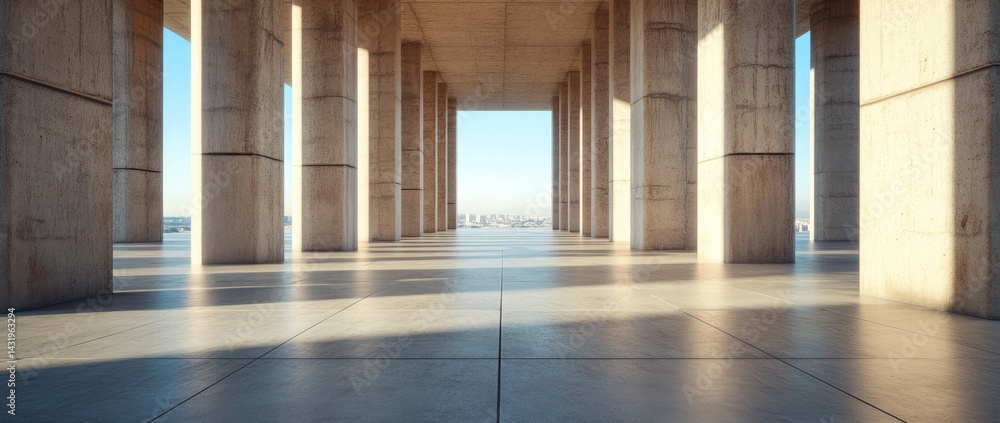 Symmetrical architecture concrete pillars patterned floor city skyline perspective