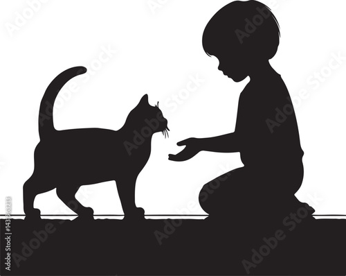*Kid Kneeling with Cat – Silhouette of Affection*
A black silhouette of a kid kneeling and gently reaching toward a standing cat, showing a tender moment of affection and emotional bonding. Minimalist