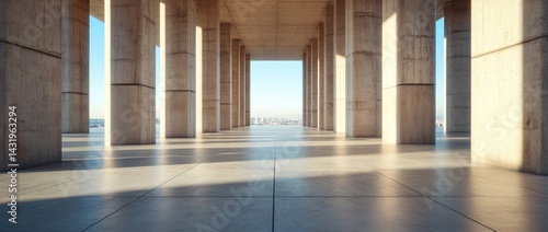 Obraz na płótnie Symmetrical architecture concrete pillars patterned floor city skyline perspective w salonie