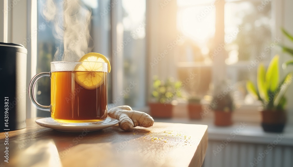 Tea with lemon and ginger health drink hot beverage relaxation