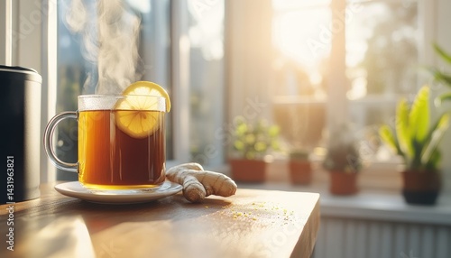 Obraz na płótnie Tea with lemon and ginger health drink hot beverage relaxation w salonie