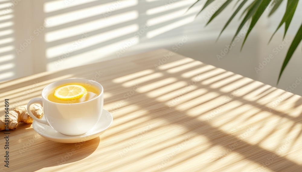 Tea with lemon ginger and sunlight representing wellness refreshment and healthy lifestyle