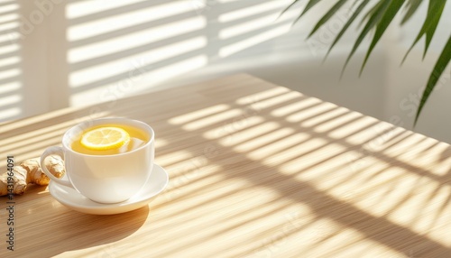 Obraz na płótnie Tea with lemon ginger and sunlight representing wellness refreshment and healthy lifestyle w salonie