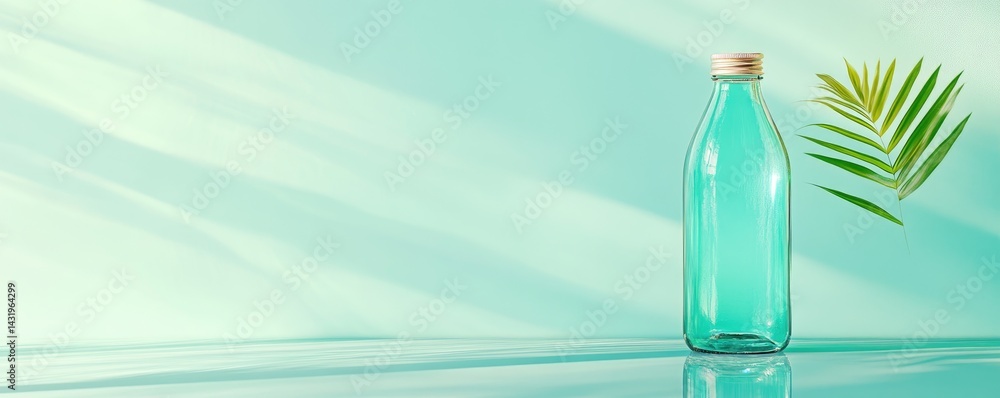 Teal bottle next to plant minimalist style for hydration and health focused product presentation