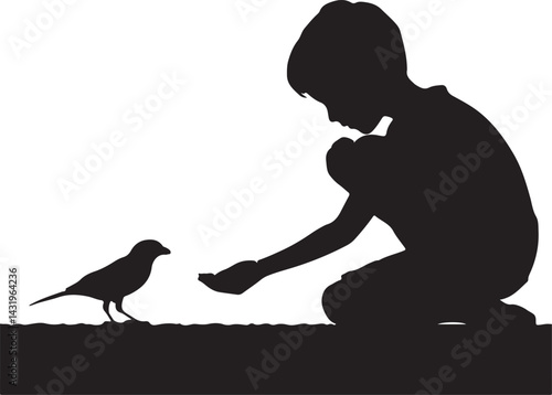 "Child Feeding Bird Silhouette – Innocence and Nature in Harmony"
