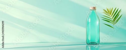 Obraz na płótnie Teal bottle next to plant minimalist style for hydration and health focused product presentation w salonie
