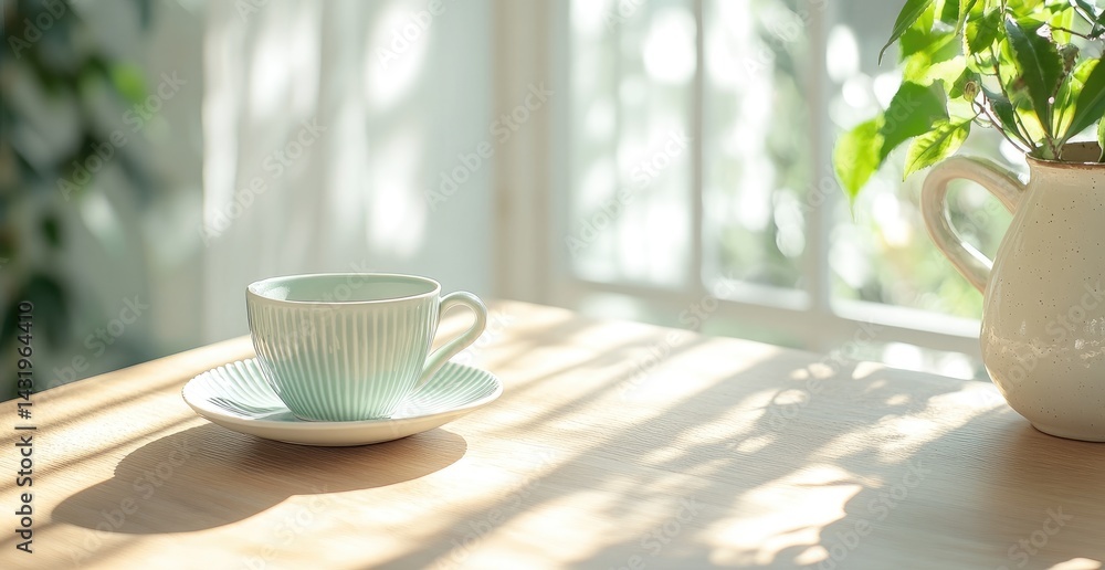 Teal cup and saucer on table with plant and sunlight still life interior