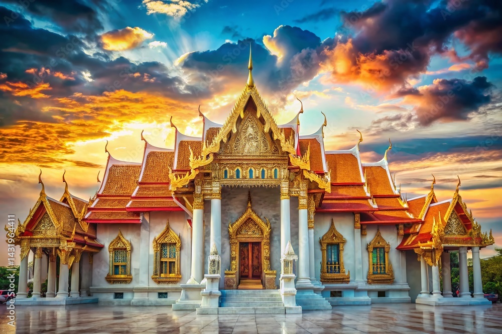 Naklejka premium Vintage Marble Temple, Bangkok: Blue Sky, Cloud, Wat Benchamabophit