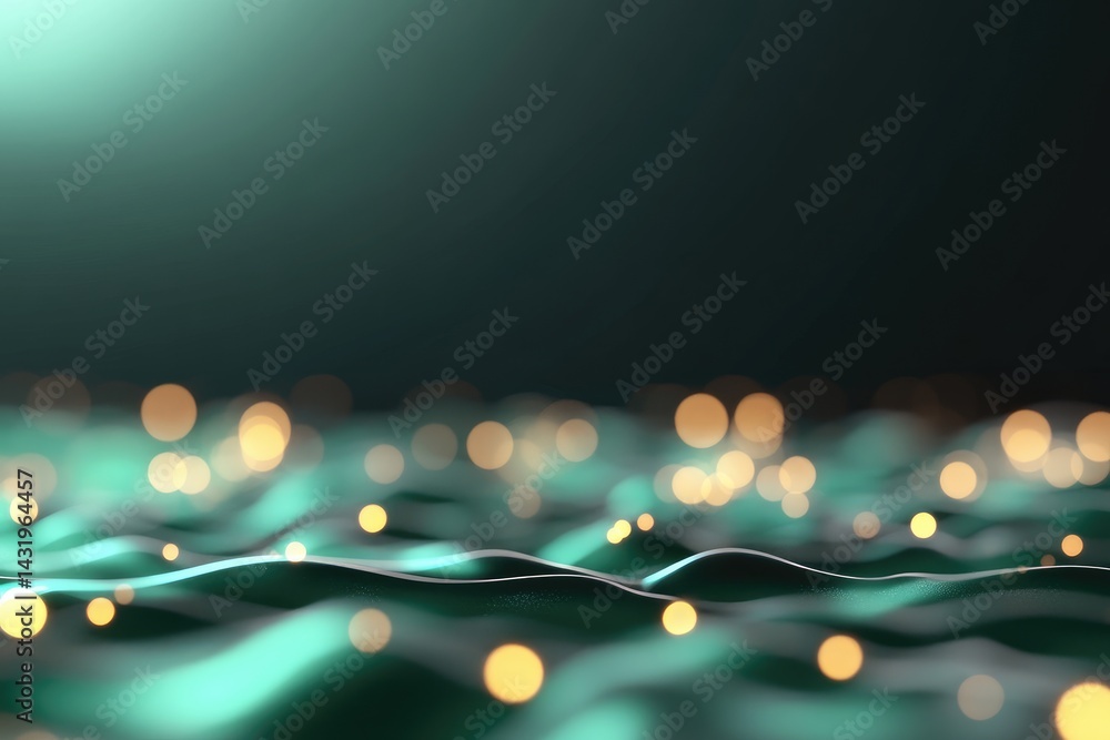 Teal wavy surface with glowing orbs abstract background