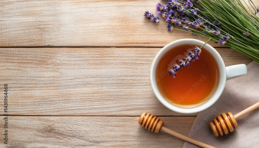 Tea cup with lavender and honey sticks on wooden surface top view refreshment