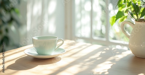 Teal cup and saucer on table with plant and sunlight still life interior