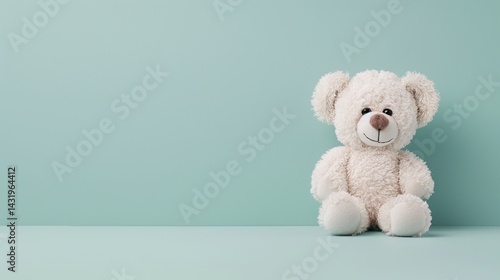 White teddy bear plush toy, blue pastel background, soft stuffed animal for children, cute classic nursery decor, cozy baby gift, minimal room accessory, copy space


