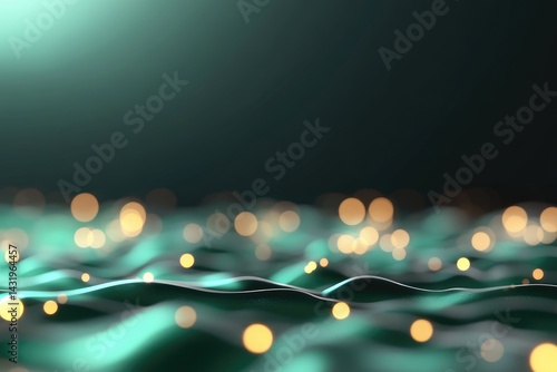 Obraz na płótnie Teal wavy surface with glowing orbs abstract background w salonie
