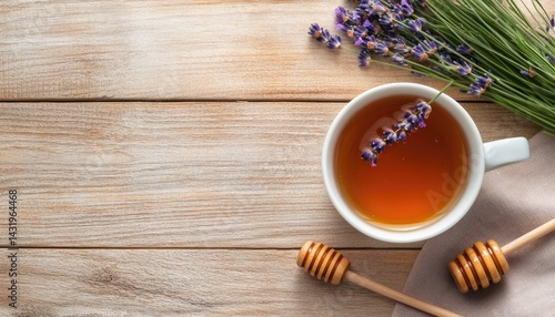 Obraz na płótnie Tea cup with lavender and honey sticks on wooden surface top view refreshment w salonie