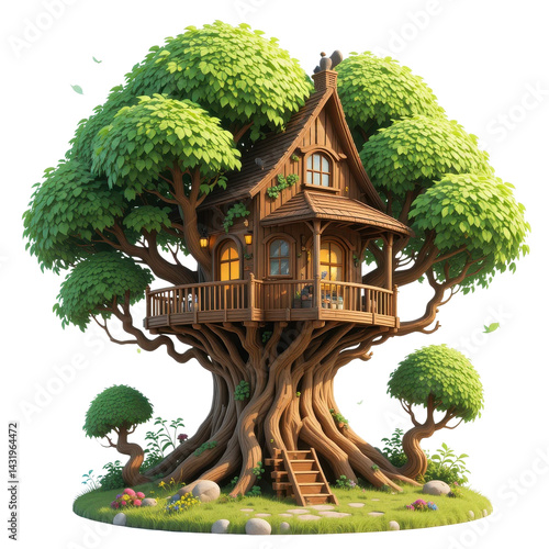 Charming Wooden Treehouse nestled in lush green foliage perfect for children's fairytale stories and imaginative play