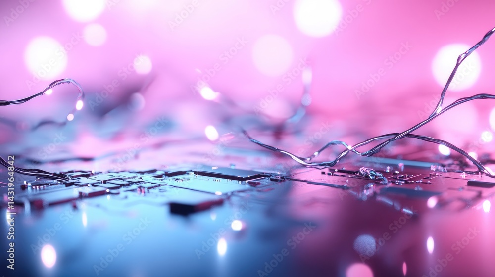 Tech circuit board wire lights pink blue gradient smooth background
