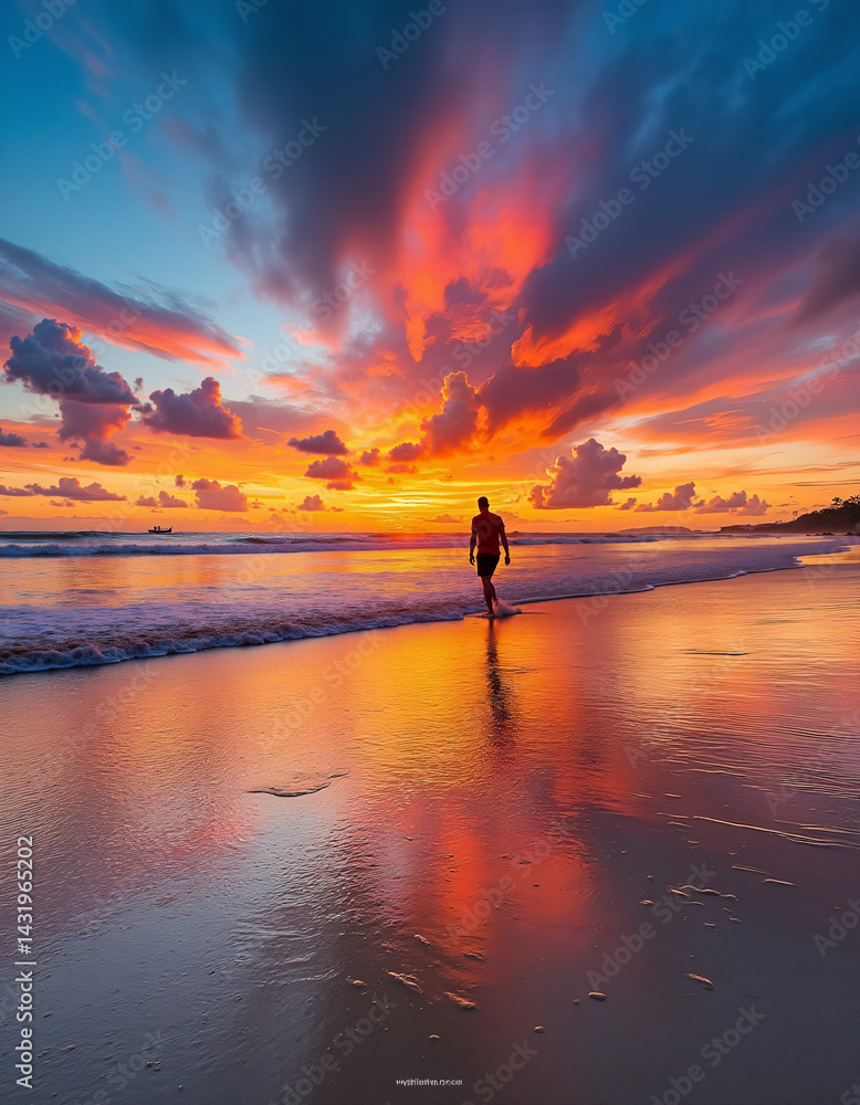 Fototapeta premium Hombre caminando en la playa con espíritu libre al atardecer. 