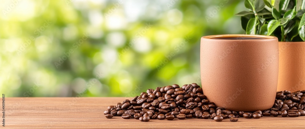 Terracotta mug with coffee beans on wood table still life image