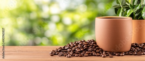 Obraz na płótnie Terracotta mug with coffee beans on wood table still life image w salonie