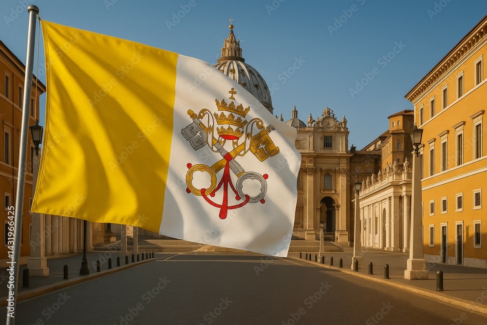 Vatican city flag waving in front of st. peters basilica in sunny piazza