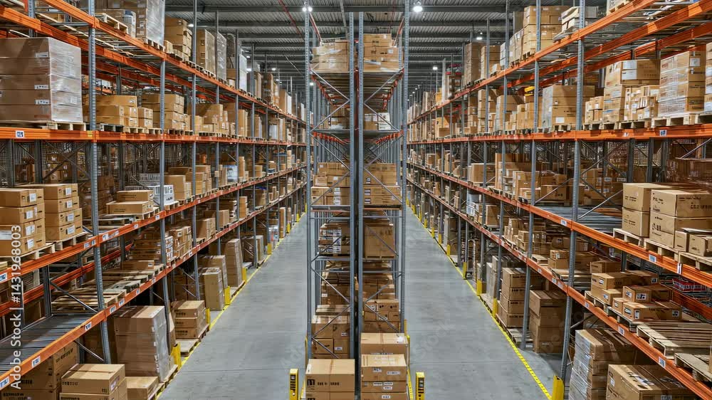 Rows of shelves filled with boxes and inventory in a large warehouse or distribution center building. Supply chain logistics and storage service concept stock video footage. Rows of shelves filled with boxes and inventory in a large warehouse or distribution center building. Supply chain logistics and storage service concept stock video footage.