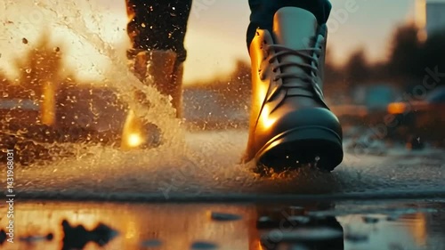 Sunset stroll through puddles in boots