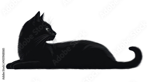 Elegant black cat silhouette isolated on white transparent background