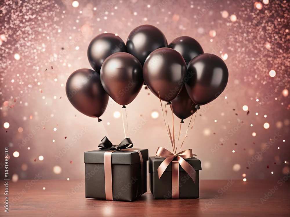 Vintage Pink Background Elegant Black Balloons Gift Box Confetti Party Stock Photo