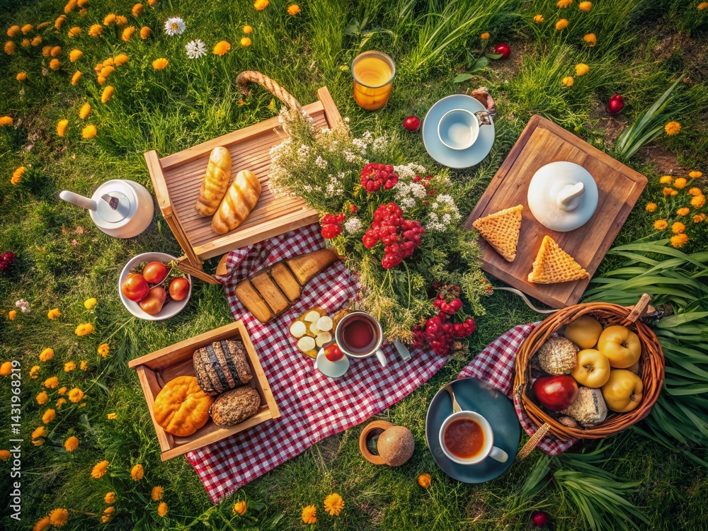 Vintage Picnic Basket, Earthy Floral Table Setting, Drone Aerial View