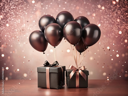 Obraz na płótnie Vintage Pink Background Elegant Black Balloons Gift Box Confetti Party Stock Photo w salonie