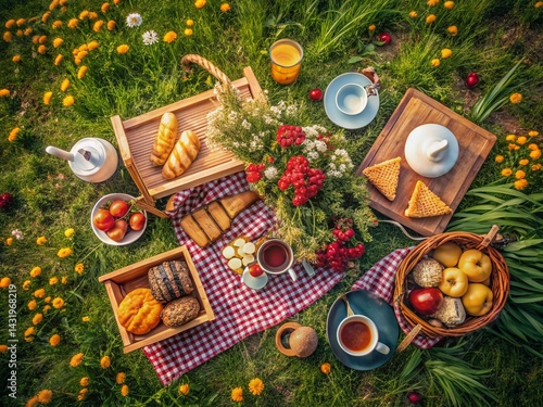 Vintage Picnic Basket, Earthy Floral Table Setting, Drone Aerial View