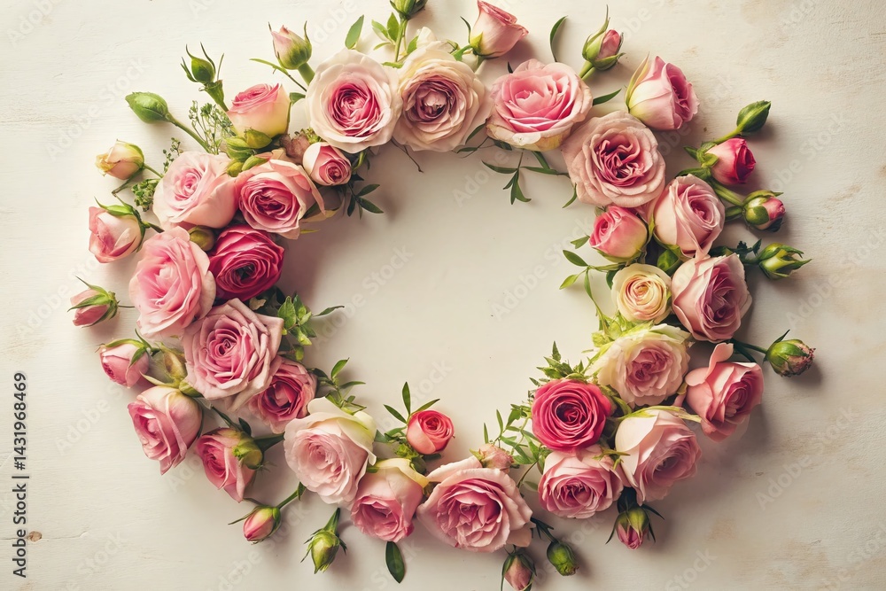 Vintage Pink Rose Wreath, Elegant Floral Arrangement, White Background Stock Photo